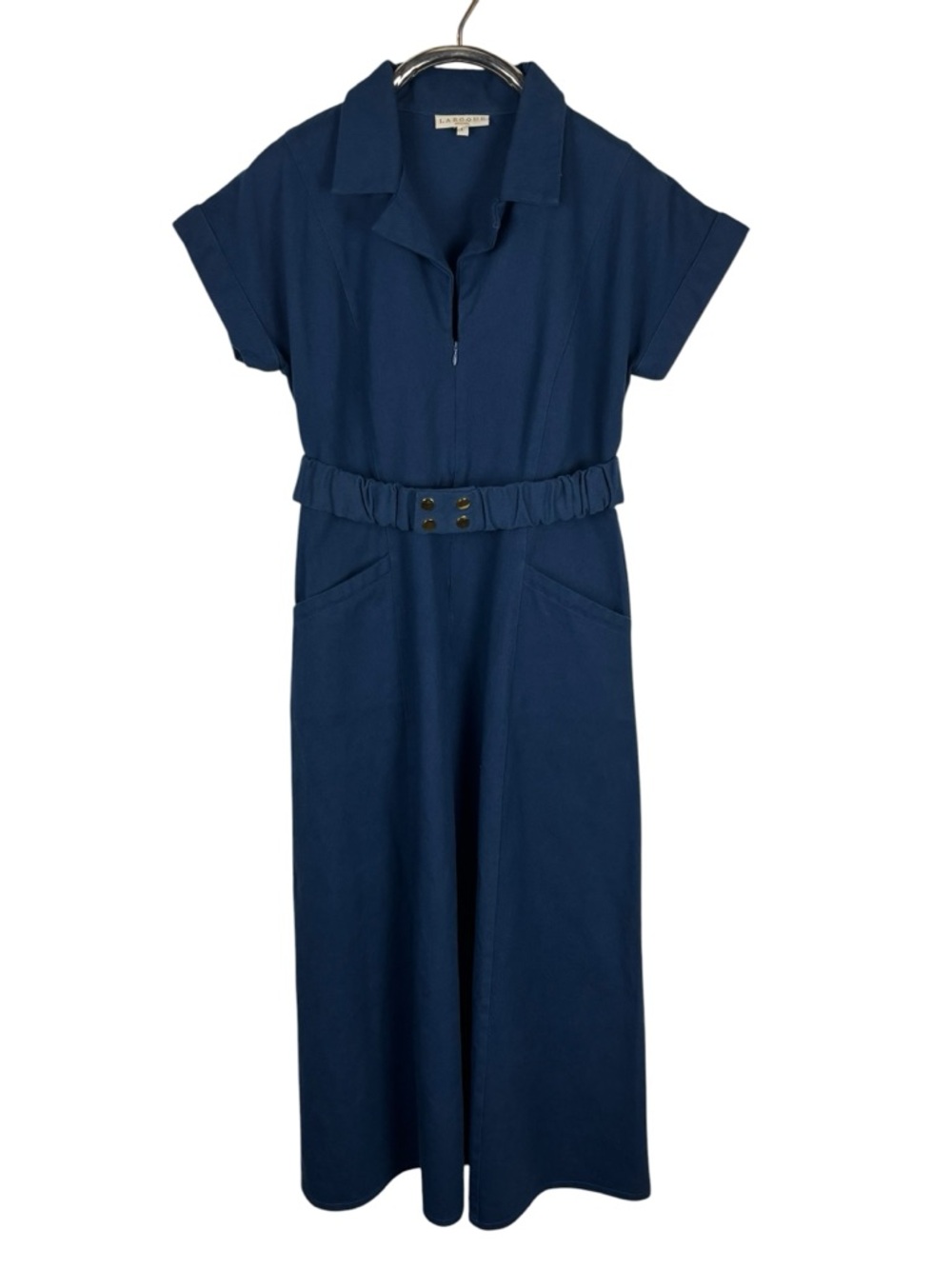 LAROQUE ALY BLUE COTTON TWILL COLLARED BELTED SHORT SLEEVE MIDI DRESS - Picture 4 of 16